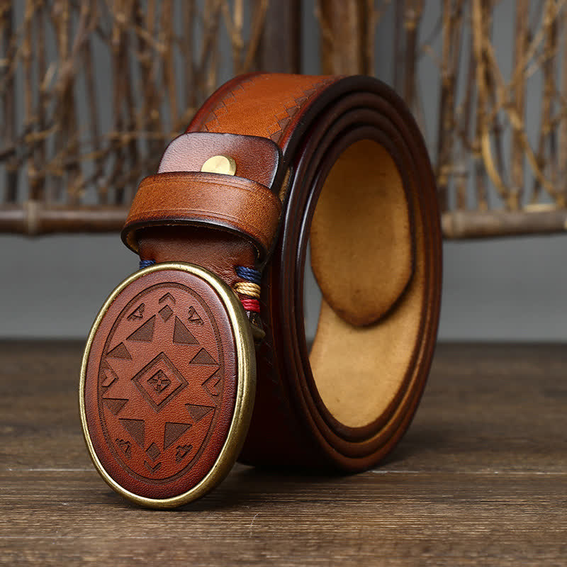Vintage Engraved Pattern Thick Genuine Leather Belt - image 3