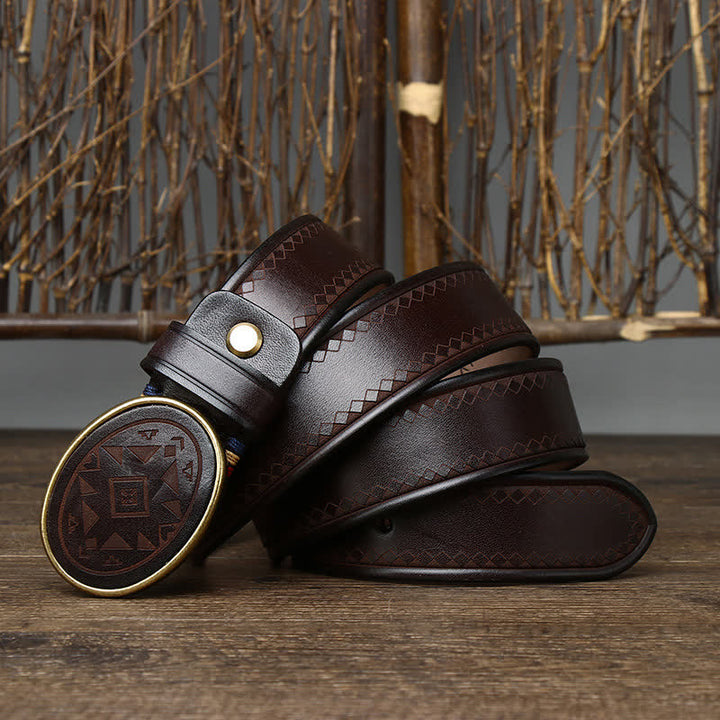 Vintage Engraved Pattern Thick Genuine Leather Belt - Coffee - 46 - image 7