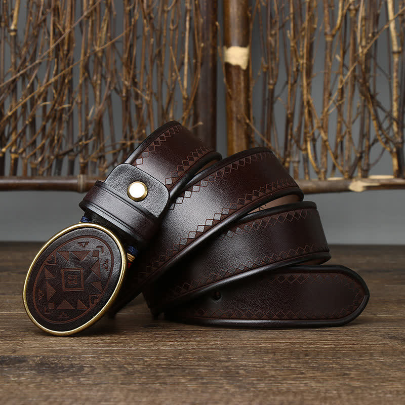 Vintage Engraved Pattern Thick Genuine Leather Belt - Coffee - 46 - image 7