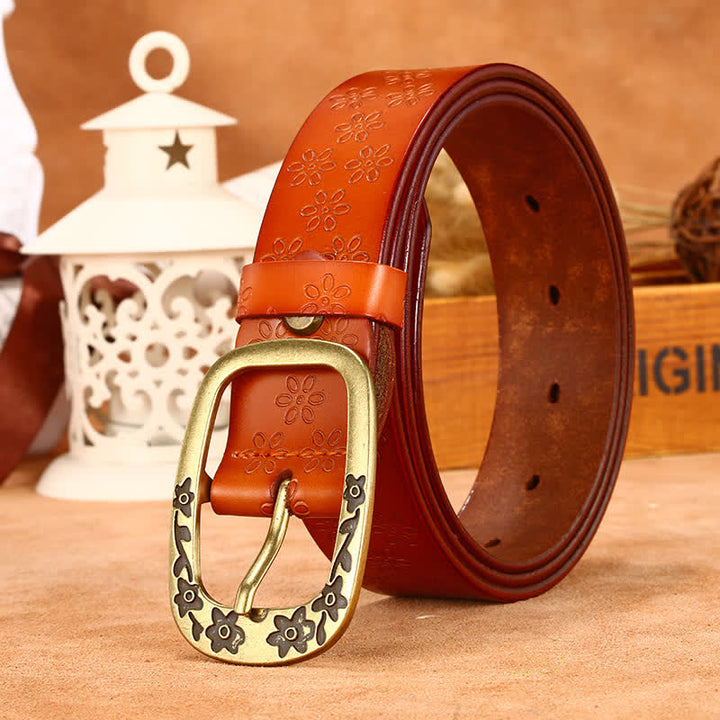 Women's Plum Blossom Pattern Leather Belt - Orange - 36 - image 0
