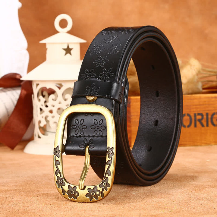 Women's Plum Blossom Pattern Leather Belt - Black - 36 - image 2