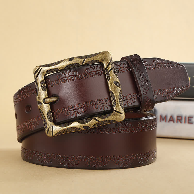 Floral Strap Rectangular Buckle Leather Belt - Coffee - 44 - image 0