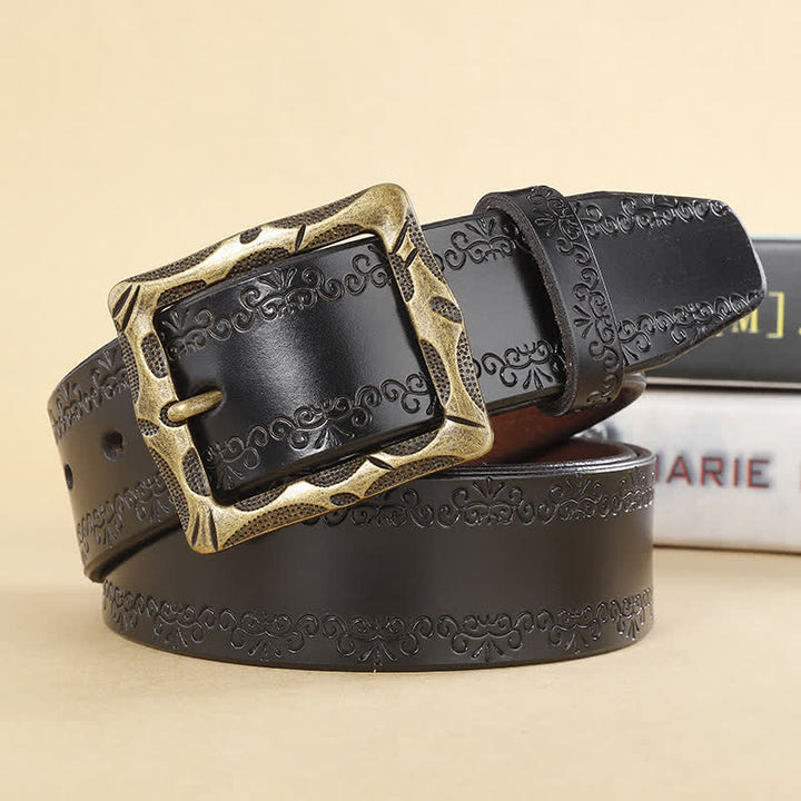 Floral Strap Rectangular Buckle Leather Belt - Black - 44 - image 11