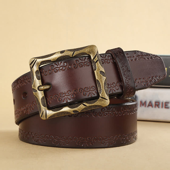 Floral Strap Rectangular Buckle Leather Belt - Coffee - 44 - image 0
