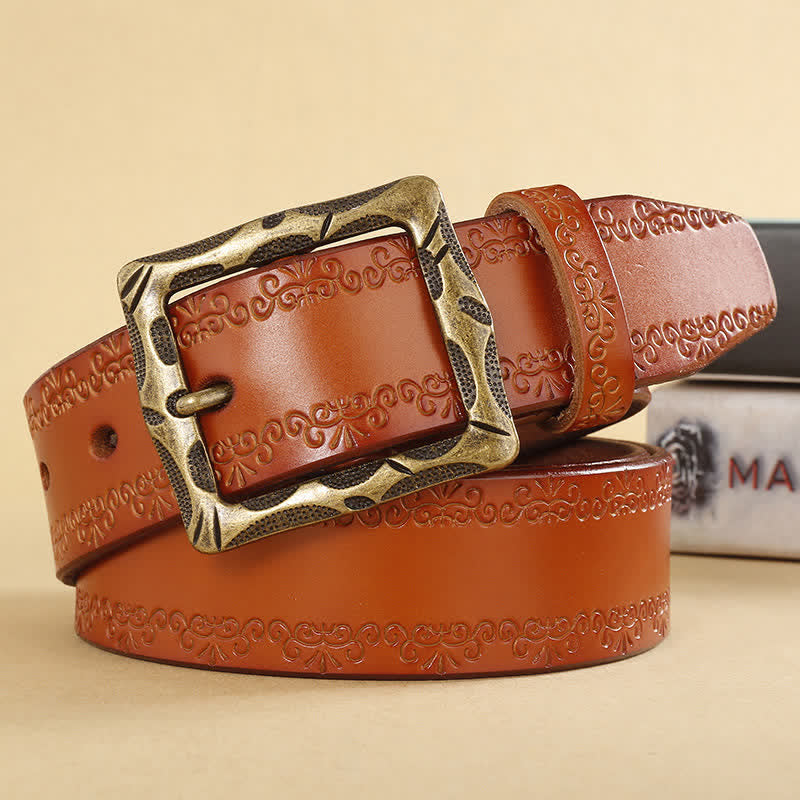 Floral Strap Rectangular Buckle Leather Belt - Orange - 44 - image 13