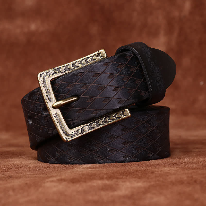 Designed Vintage Embossed Diamond Leather Belt - Black - 50" - image 5