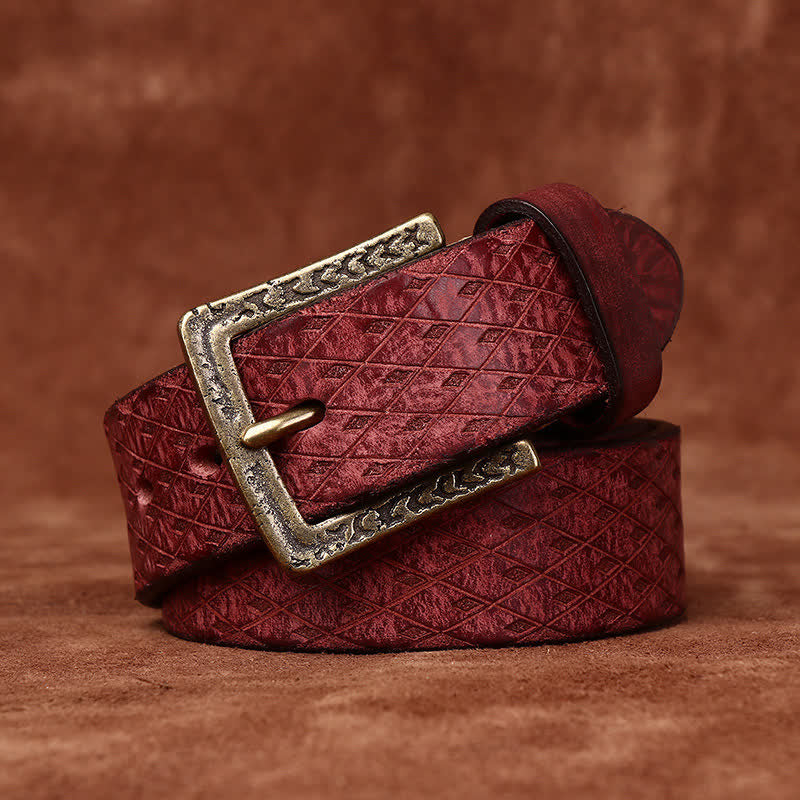 Designed Vintage Embossed Diamond Leather Belt - Reddish-Brown - 50" - image 11