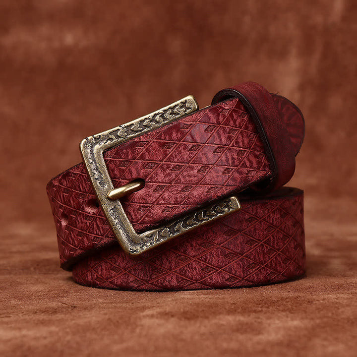 Designed Vintage Embossed Diamond Leather Belt - Reddish-Brown - 50" - image 11