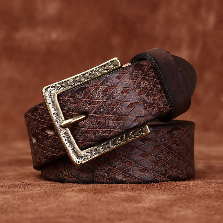 Designed Vintage Embossed Diamond Leather Belt - Coffee - 50" - image 8