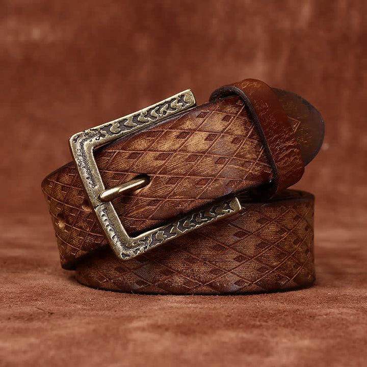 Designed Vintage Embossed Diamond Leather Belt - Yellowish-Brown - 50" - image 0