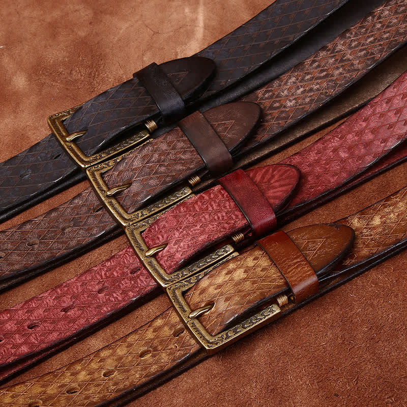Designed Vintage Embossed Diamond Leather Belt - image 1