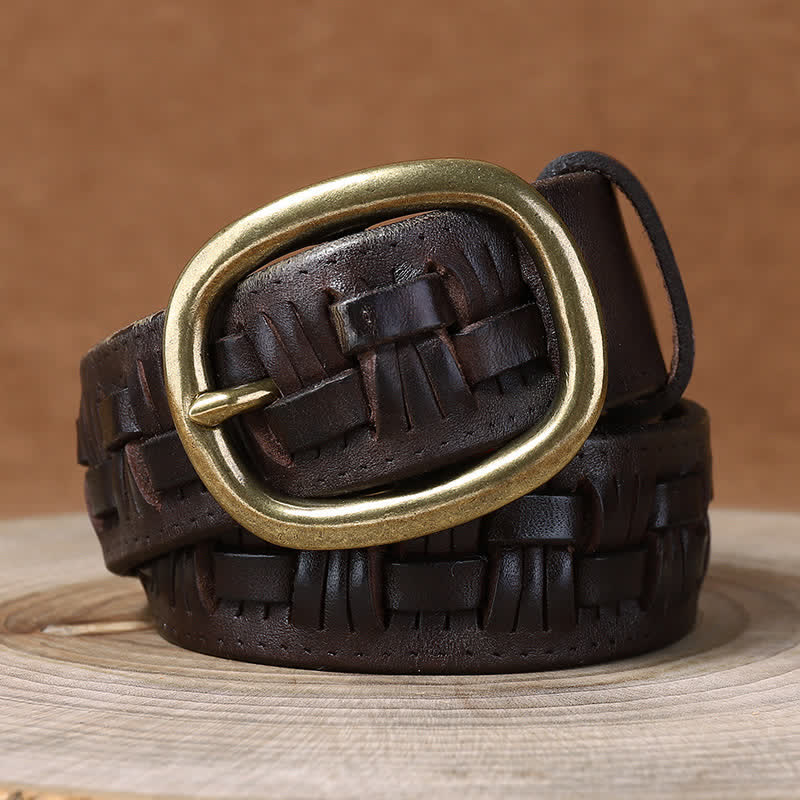 Woven Retro Trend Braided Jeans Leather Belt - Coffee - 44 - image 0