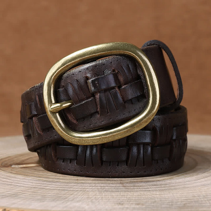 Woven Retro Trend Braided Jeans Leather Belt - Coffee - 44 - image 0