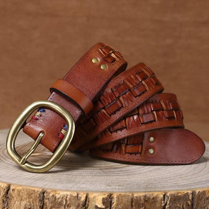 Woven Retro Trend Braided Jeans Leather Belt - Yellowish-Brown - 44 - image 13
