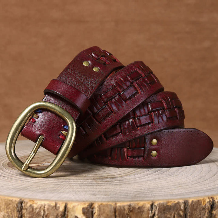 Woven Retro Trend Braided Jeans Leather Belt - Reddish-Brown - 44 - image 12