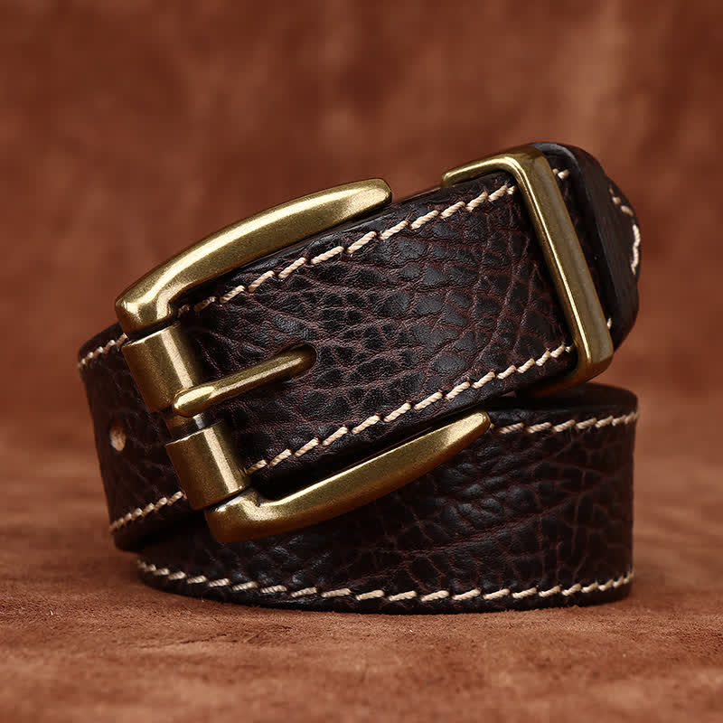 Retro Bison Skin Embossed Rugged Leather Belt - Coffee - 46 - image 0