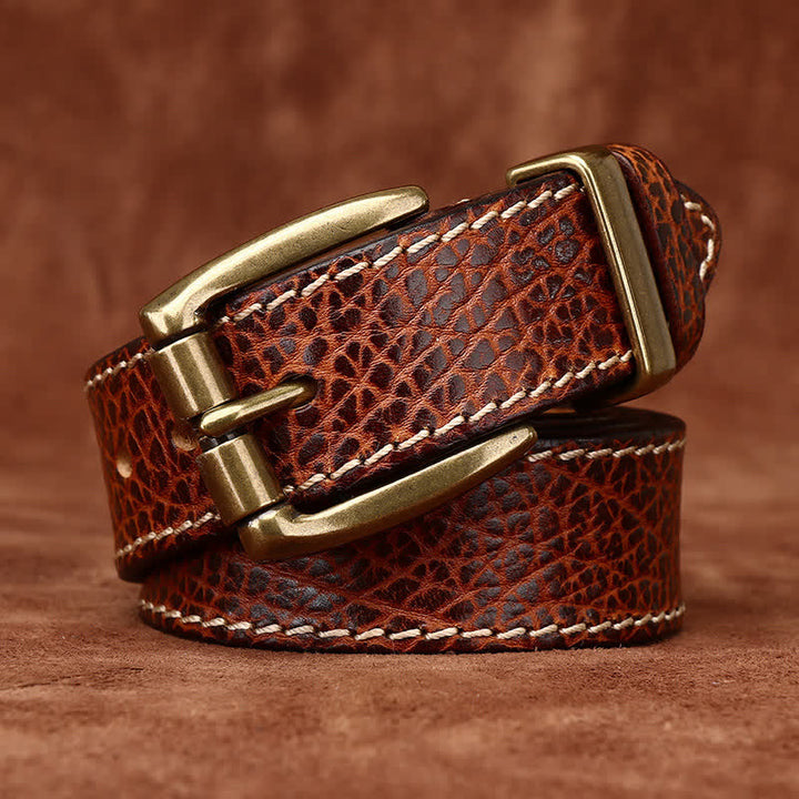 Retro Bison Skin Embossed Rugged Leather Belt - Brown - 46 - image 8