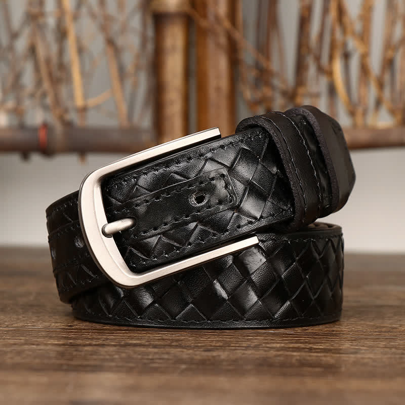 Stylish Braided Copper Buckle Cowskin Leather Belt - Black - 44 - image 5