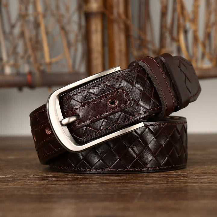 Stylish Braided Copper Buckle Cowskin Leather Belt - Coffee - 44 - image 0