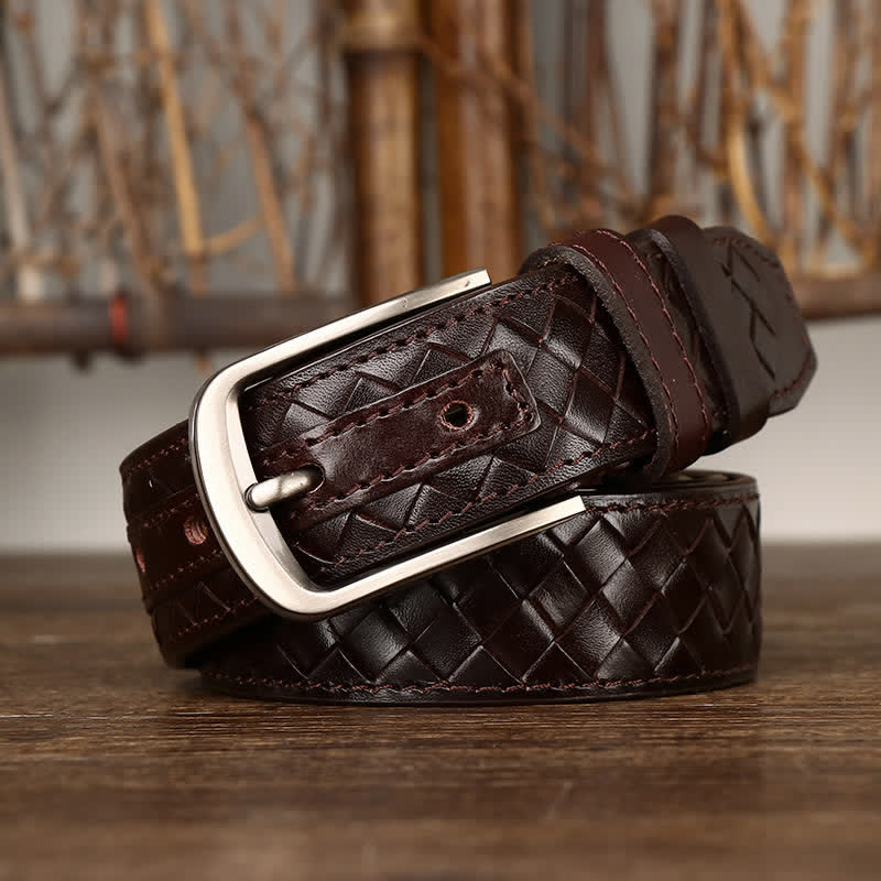 Stylish Braided Copper Buckle Cowskin Leather Belt - Coffee - 44 - image 0