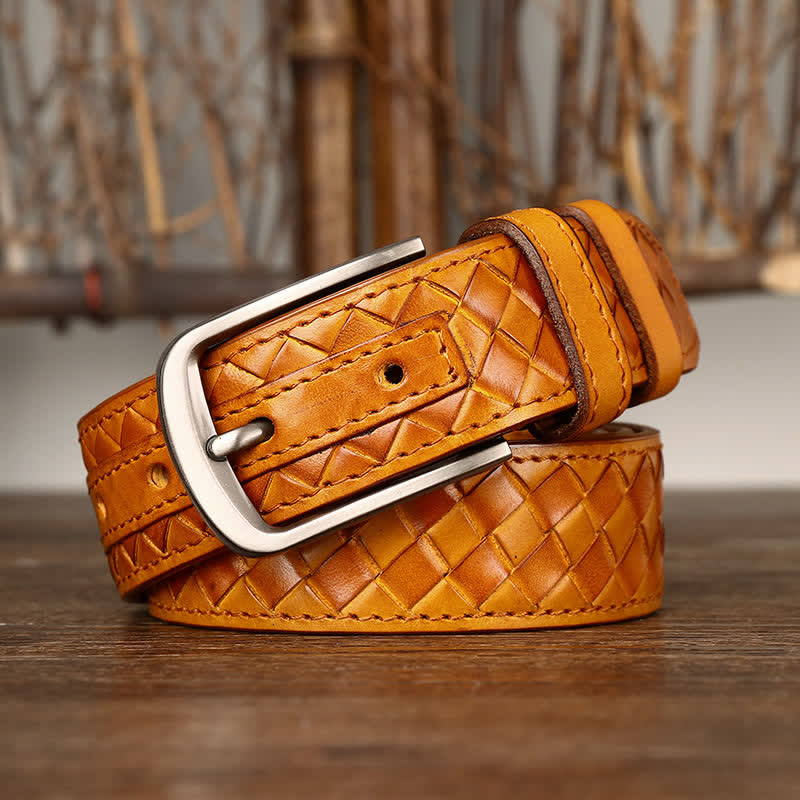 Stylish Braided Copper Buckle Cowskin Leather Belt - Yellow - 44 - image 8