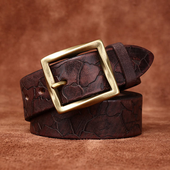 Ice Cracked Embossed Pattern Distressed Leather Belt - Coffee - 46 - image 5