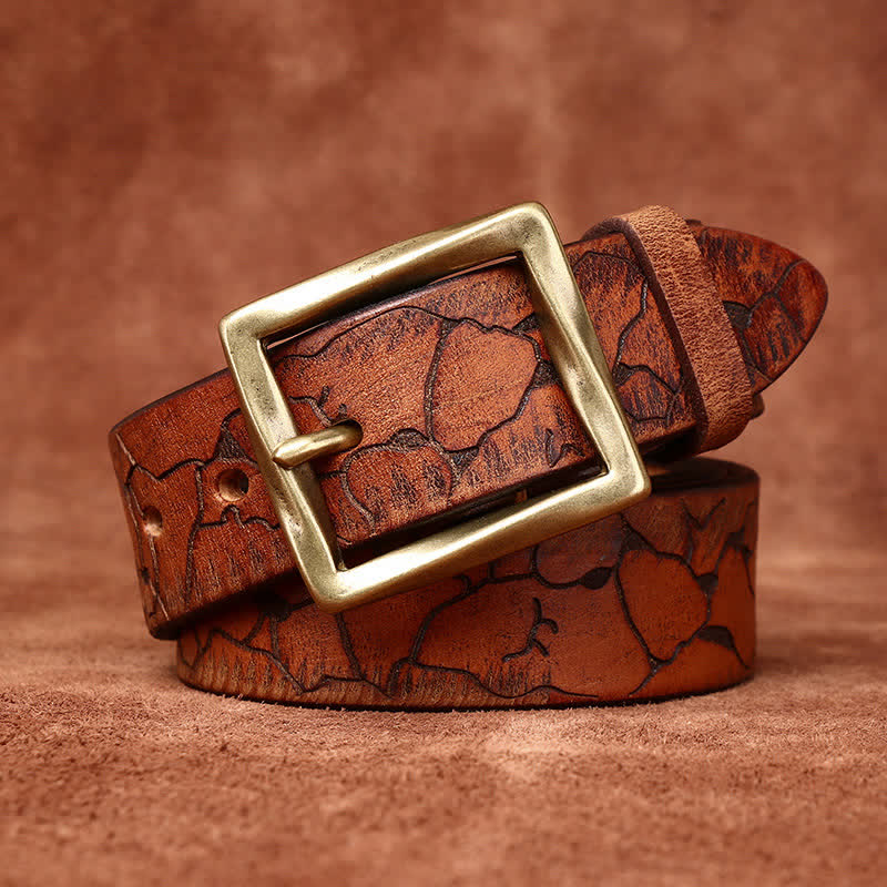 Ice Cracked Embossed Pattern Distressed Leather Belt - Yellowish-Brown - 46 - image 0