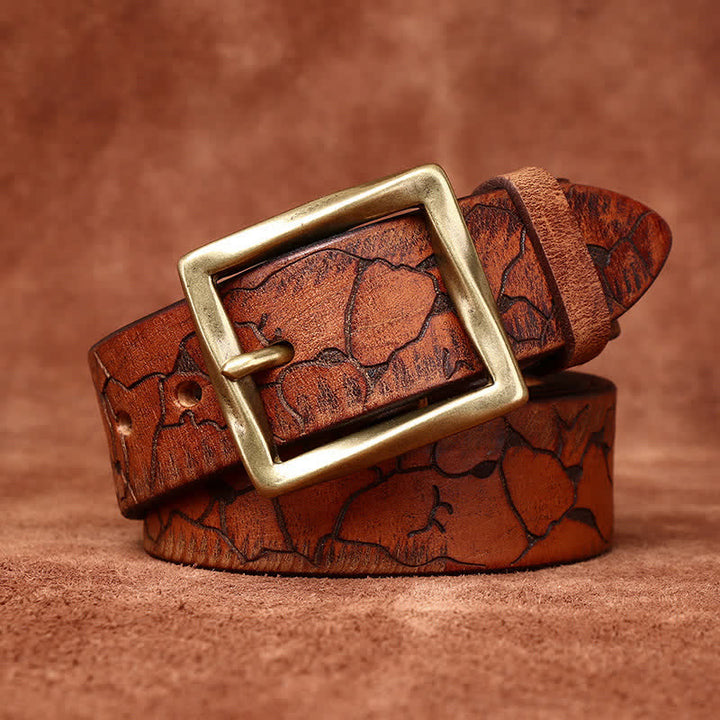 Ice Cracked Embossed Pattern Distressed Leather Belt - Yellowish-Brown - 46 - image 0