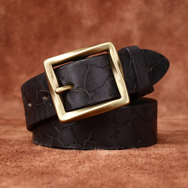 Ice Cracked Embossed Pattern Distressed Leather Belt - Black - 46 - image 8