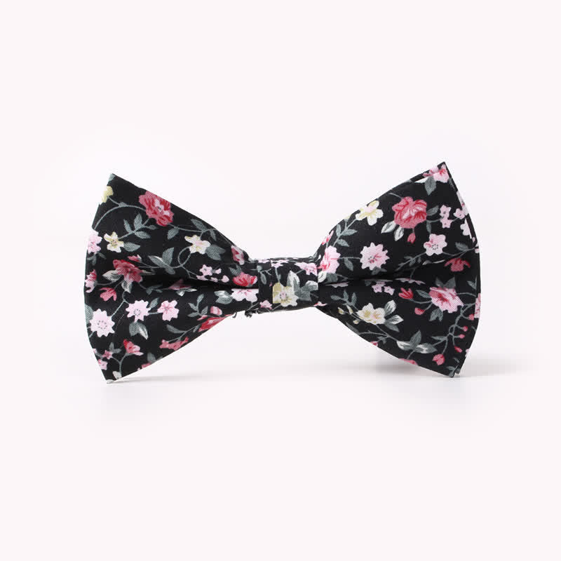 Men's Cotton Floral Print Double Layered Bow Tie - Black - image 8