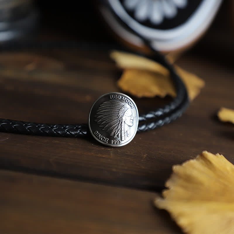 Native Indian Tribal Chief Head Coin Bolo Tie - Leather - image 2