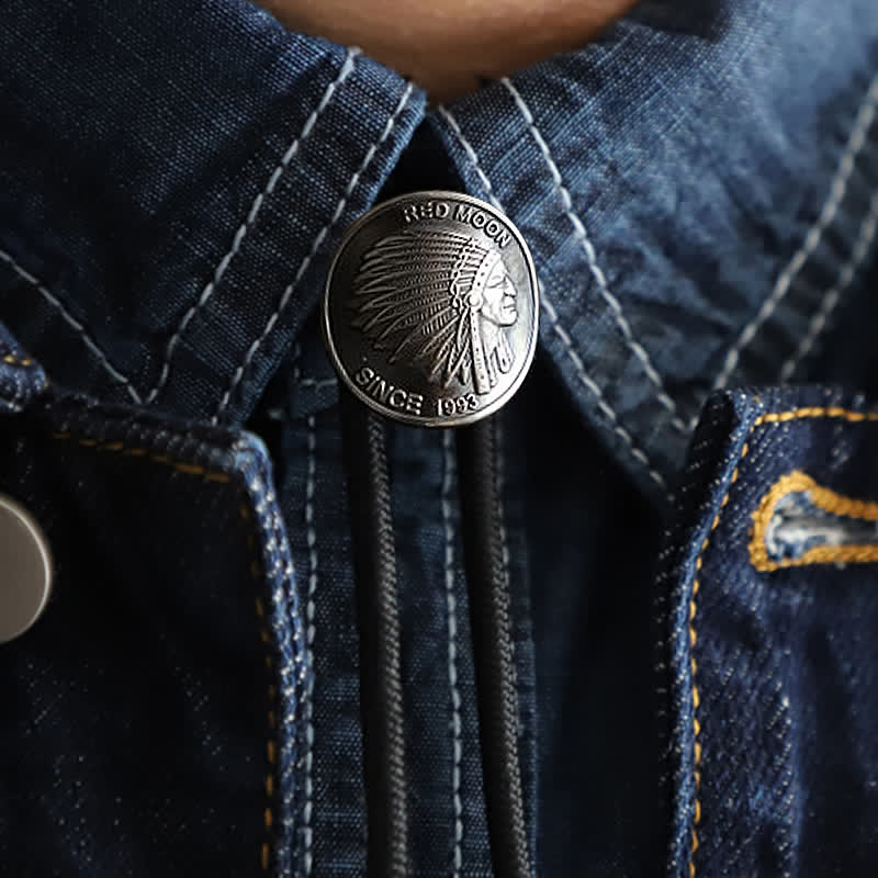 Native Indian Tribal Chief Head Coin Bolo Tie - image 0