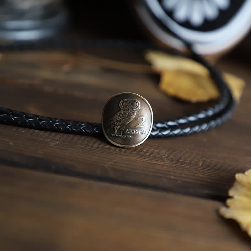 Night Owl Animal Bird Coin Bolo Tie - Leather - image 2