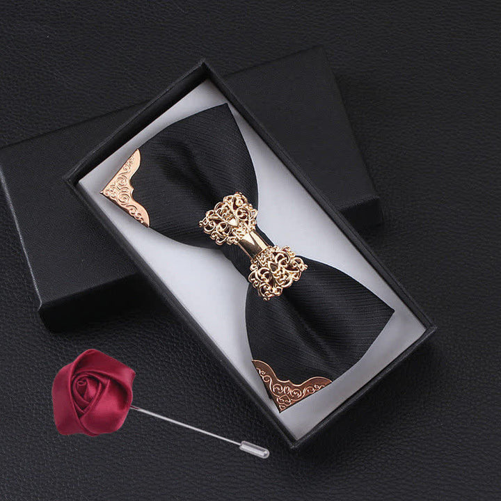 2Pcs Men's Golden Metal Butterfly Fashion Bow Tie Set - Black - image 2