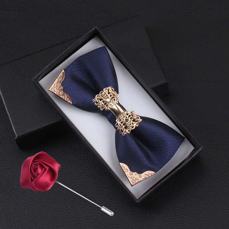 2Pcs Men's Golden Metal Butterfly Fashion Bow Tie Set - Navy - image 1