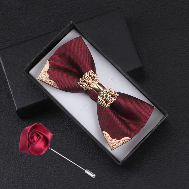 2Pcs Men's Golden Metal Butterfly Fashion Bow Tie Set - Burgundy - image 0