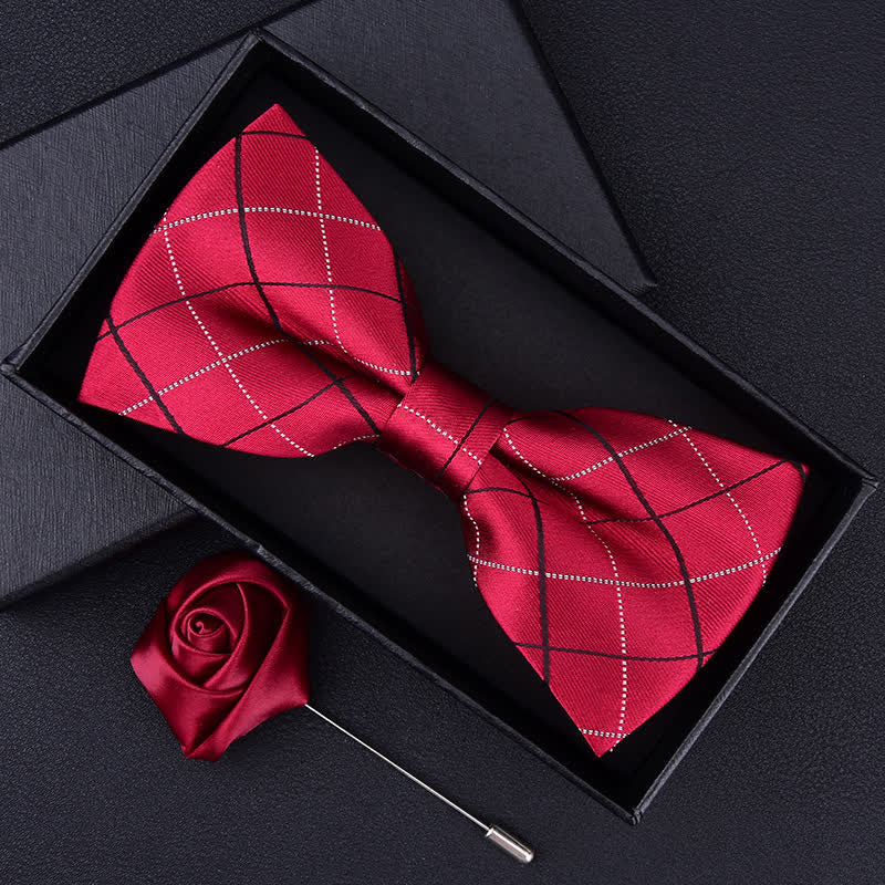 2Pcs Men's British Style Plaid Pattern Bow Tie Set - Red - image 0