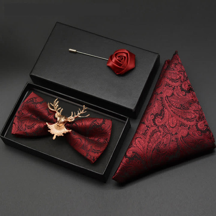 3Pcs Men's Burgundy Paisley Gold Decor Bow Tie Set
