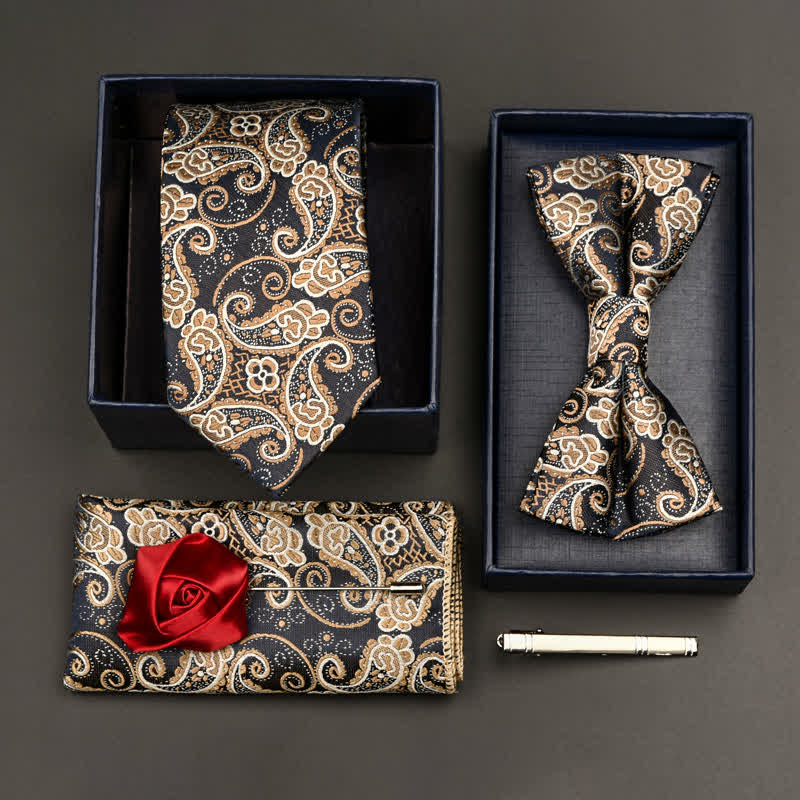 5Pcs Men's Formal Business Necktie Bow Tie Set - Style #3 (Navy & Beige) - image 3