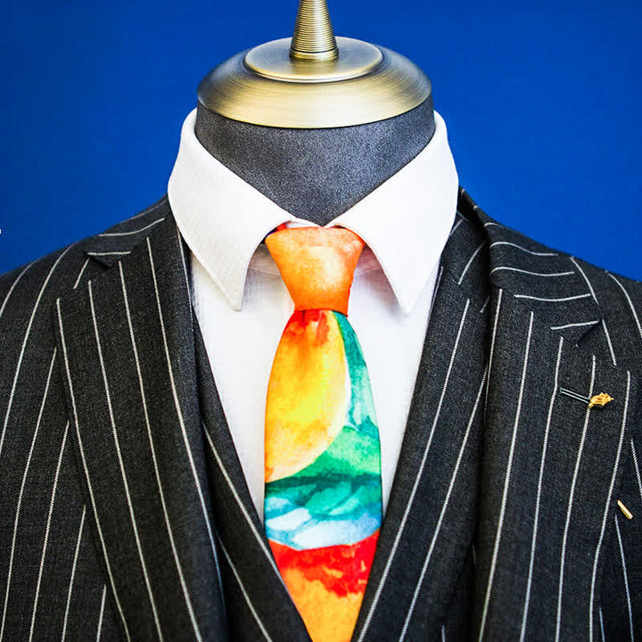 Men's Orange Green Leaves Art Printed Necktie - Orange - image 0