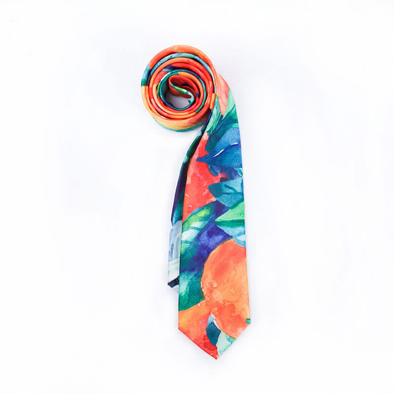 Men's Orange Green Leaves Art Printed Necktie - Orange - image 0