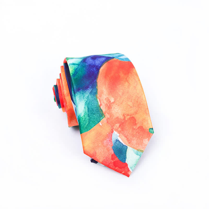 Men's Orange Green Leaves Art Printed Necktie - image 2