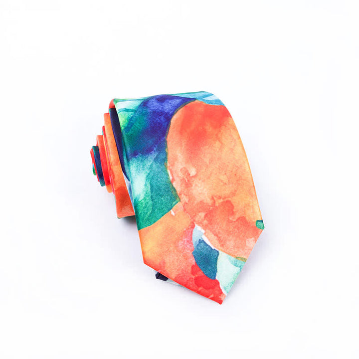 Men's Orange Green Leaves Art Printed Necktie - image 2