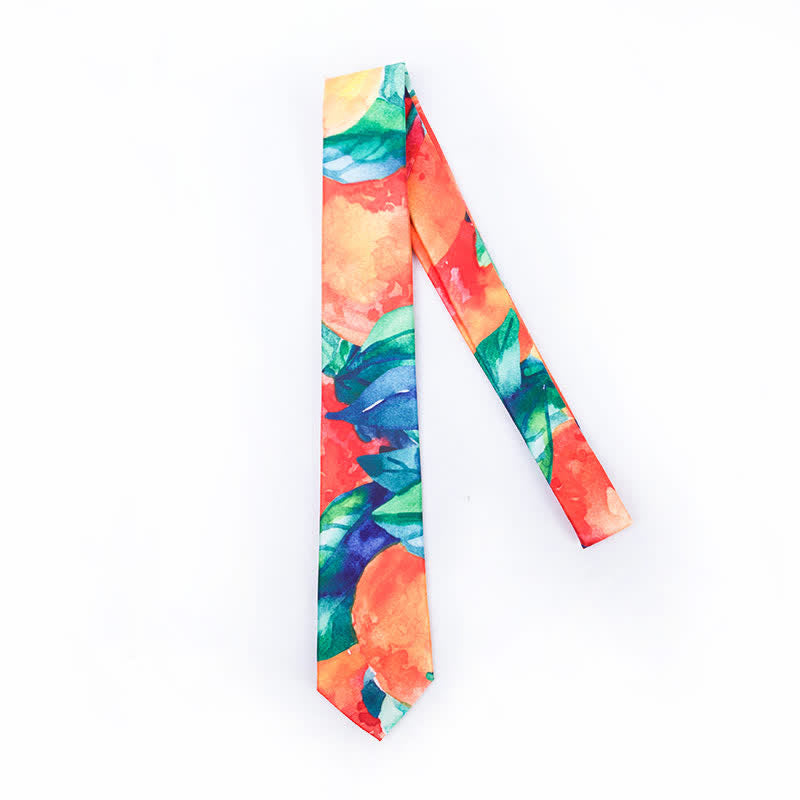 Men's Orange Green Leaves Art Printed Necktie - image 3