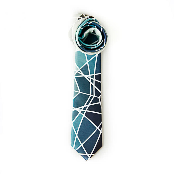 Men's Blue Geometric Printed White Line Necktie - Blue - image 0