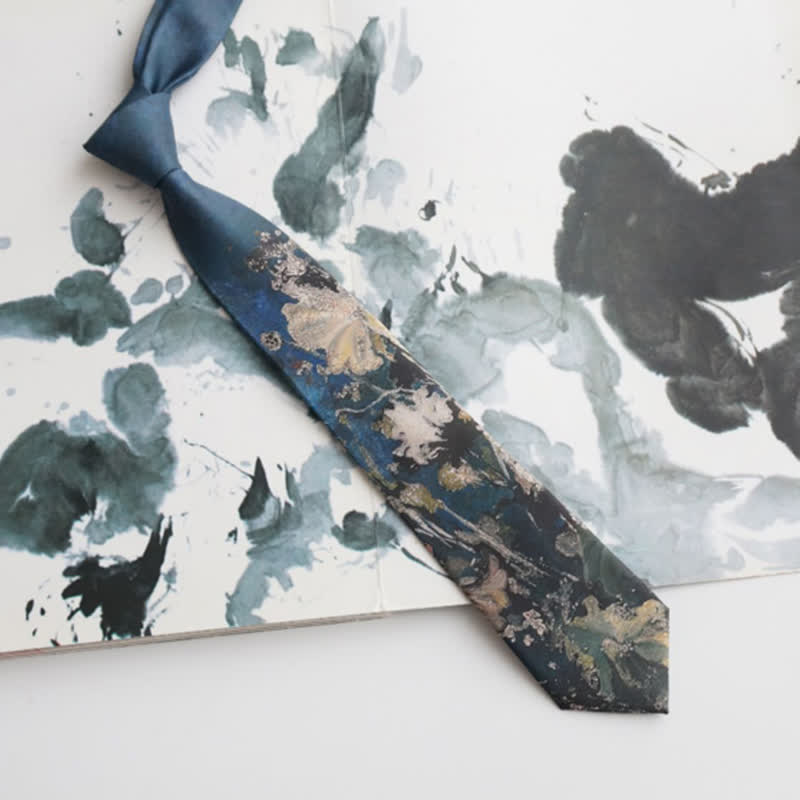 Men's Blue & Green Oil Painting Lotus Leaf Necktie - image 1