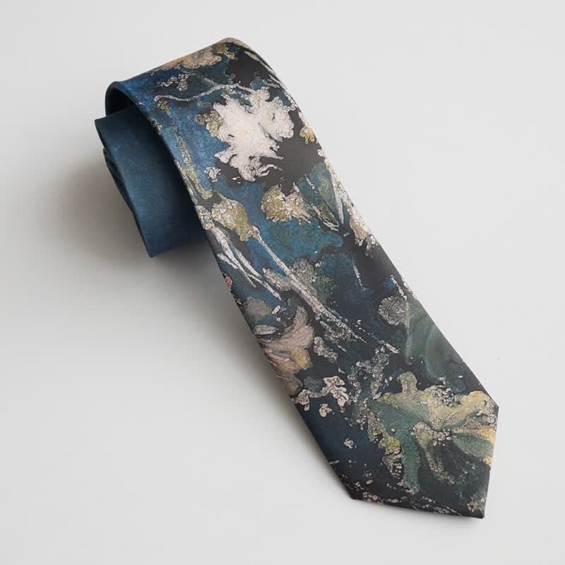 Men's Blue & Green Oil Painting Lotus Leaf Necktie - image 5