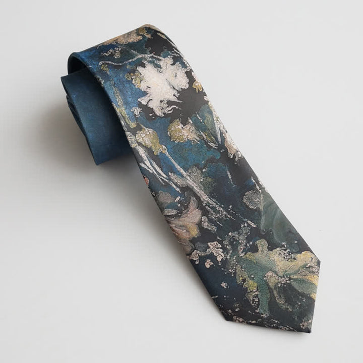 Men's Blue & Green Oil Painting Lotus Leaf Necktie - image 5