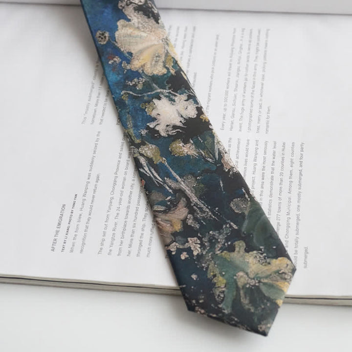 Men's Blue & Green Oil Painting Lotus Leaf Necktie - image 2