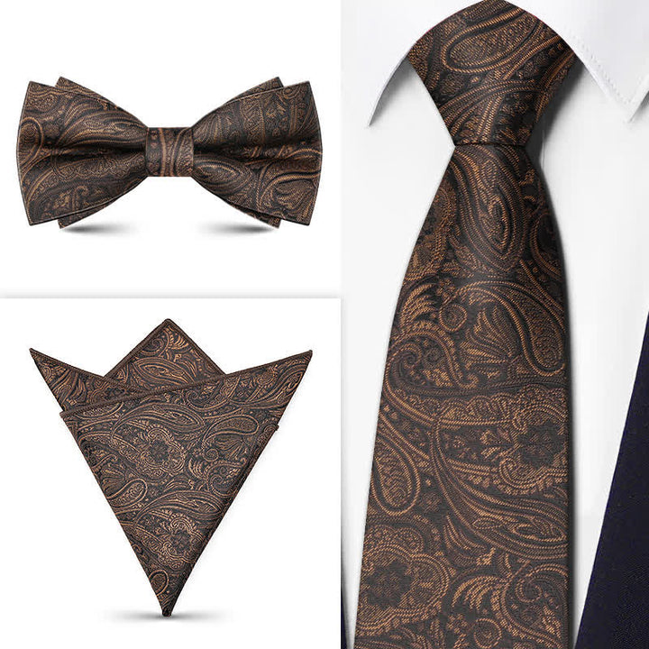 3Pcs Men's Brown Series Paisley BowTie Necktie Set - Style #3 - image 5